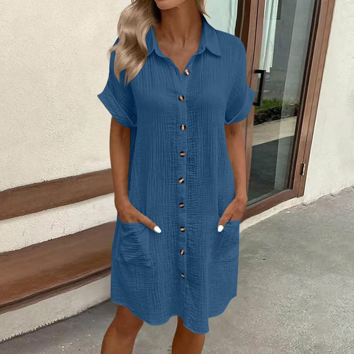 Women's Button Down Linen Short Sleeve Shirt Dress With Pockets