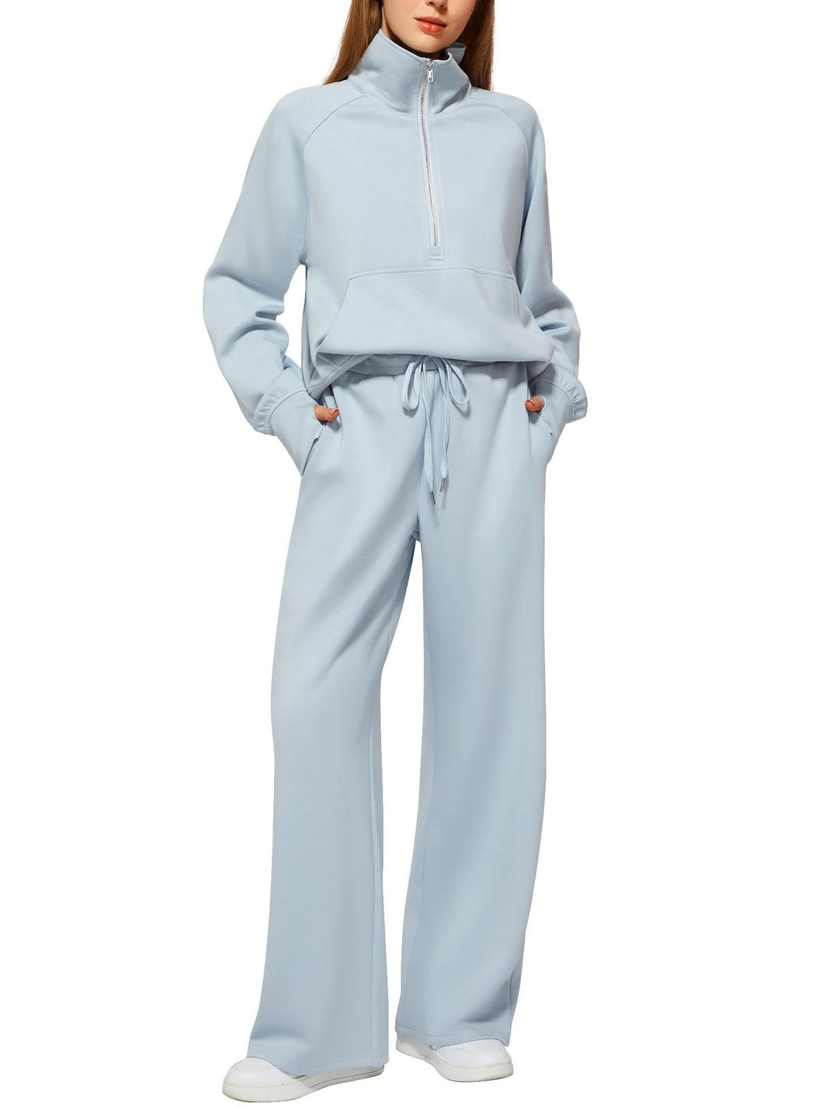 Women's Quarter-Zip Lounge Set – Relaxed Pullover & Wide-Leg Pants