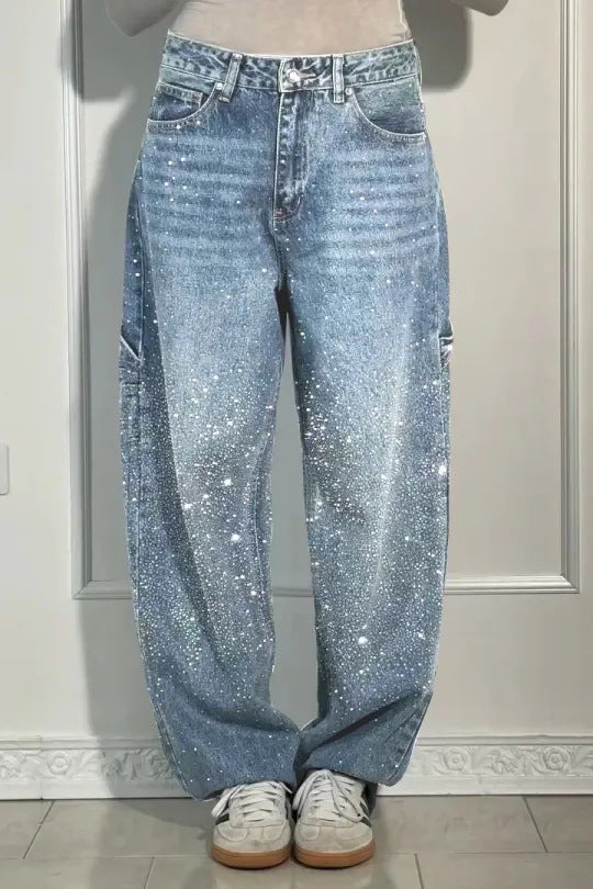 🔥🔥Galaxy Shine Jeans | Rhinestone-Embellished High-Waist Wide-Leg Denim