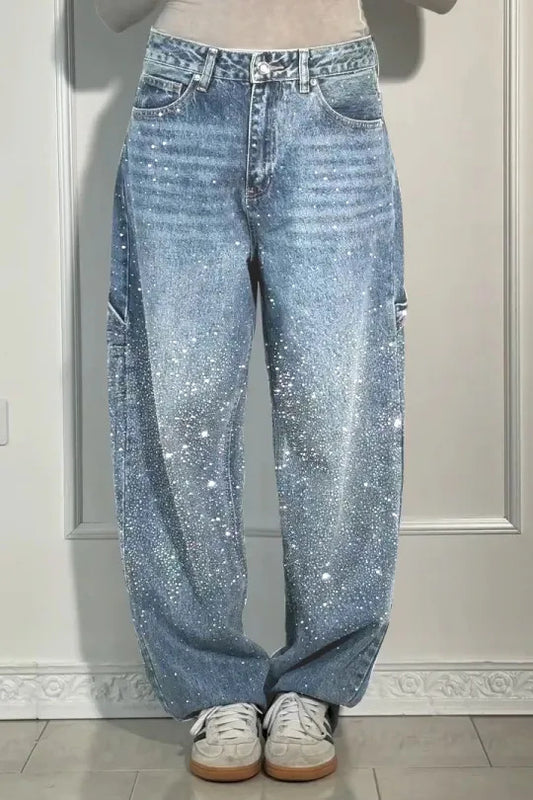 🔥🔥Galaxy Shine Jeans | Rhinestone-Embellished High-Waist Wide-Leg Denim