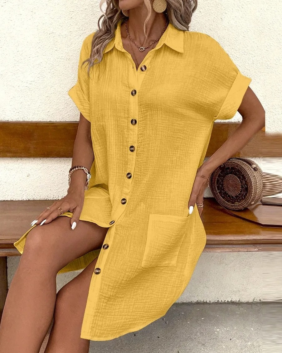 Women's Button Down Linen Short Sleeve Shirt Dress With Pockets