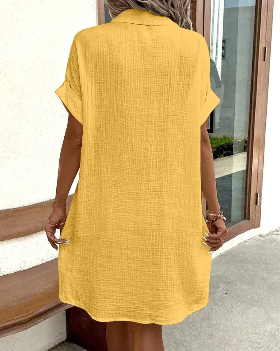 Women's Button Down Linen Short Sleeve Shirt Dress With Pockets