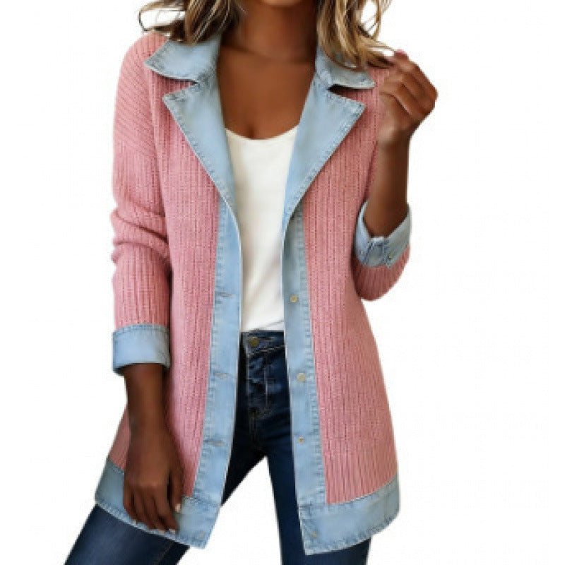 Seasonal Style🛍️Women’s Elegant Denim Spliced Ribbed Knit Coat