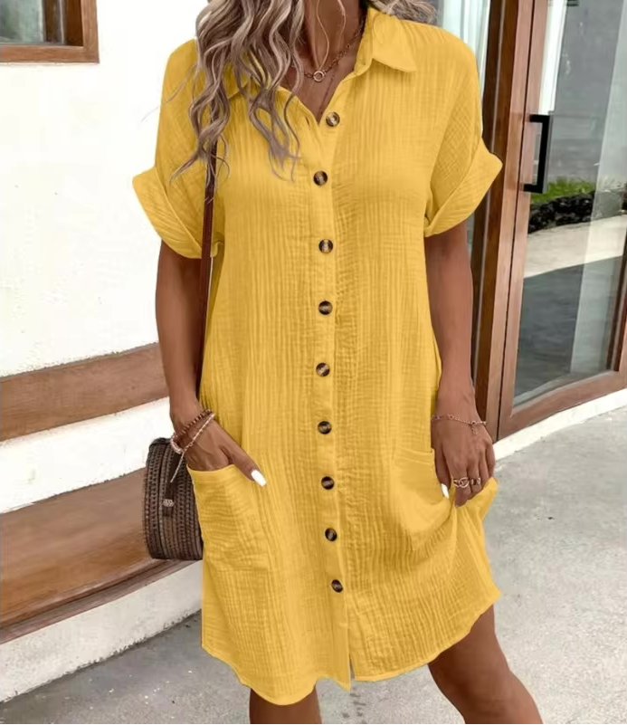 Women's Button Down Linen Short Sleeve Shirt Dress With Pockets
